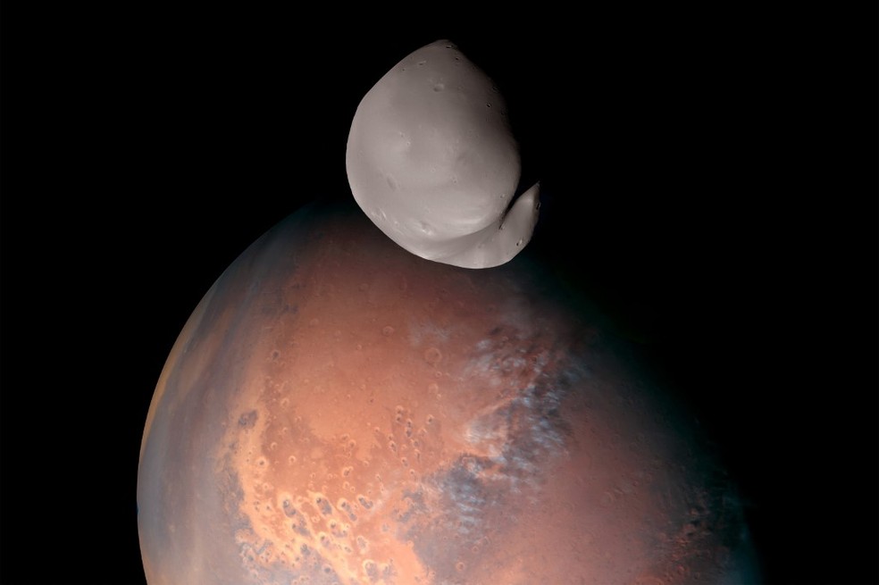 Sonda Hope captura imagem de Deimos, uma das duas luas de Marte — Foto: EMIRATES MARS MISSION / AFP 