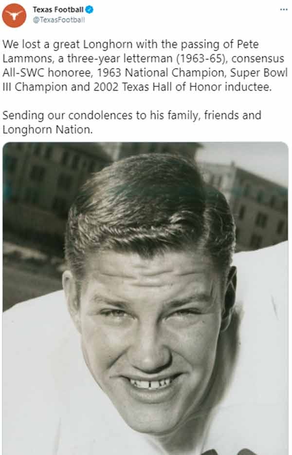 Homenagem a Pete Lammons feita pela equipe dos Longhorns, da Universidade do Texas (Foto: reprodução Twitter)