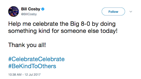A mensagem do ator Bill Cosby criticada nas redes sociais (Foto: Twitter)
