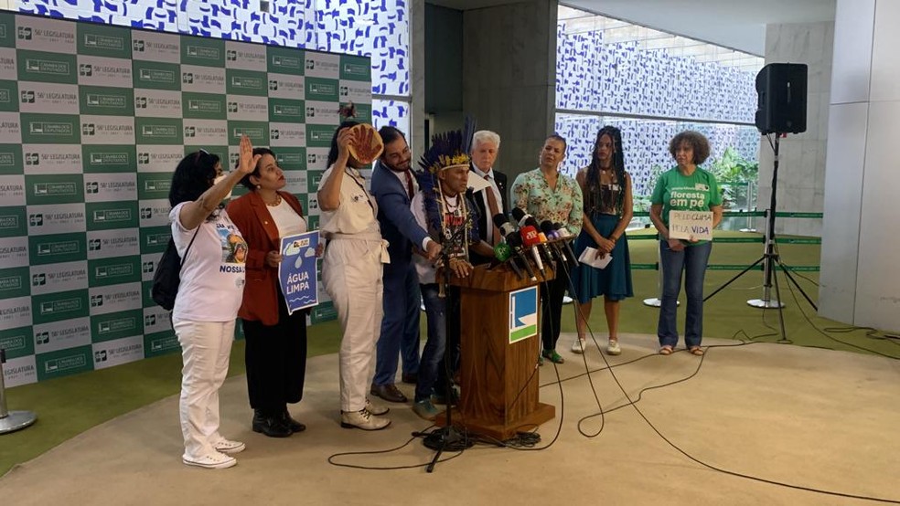 Ambientalistas fazem ato em Brasília e apontam risco de 'pacote da destruição' no Congresso — Foto: Luiz Felipe Barbiéri/g1 