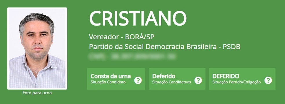 Cristiano, do PSDB, foi eleito com 29 votos em Borá — Foto: TSE/Divulgação
