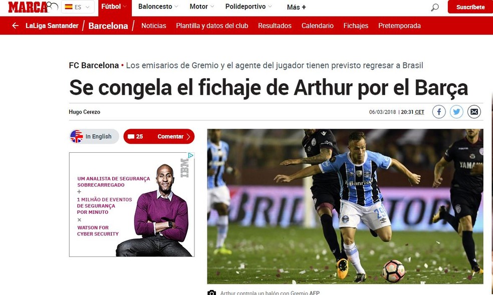 Jornal Marca publica sobre negociação de Arthur com o Barcelona  (Foto: Reprodução)