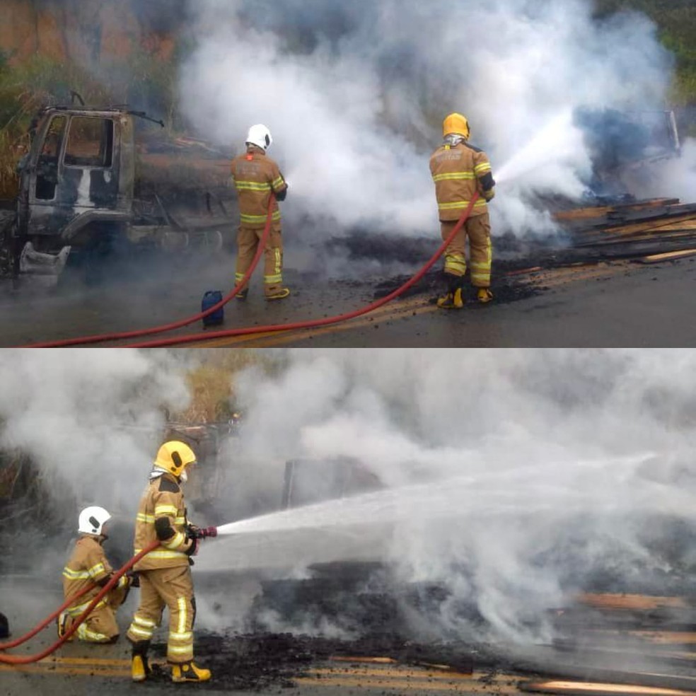 Bombeiros apagam fogo em carreta na BR-116 — Foto: Corpo de Bombeiros?Divulgação