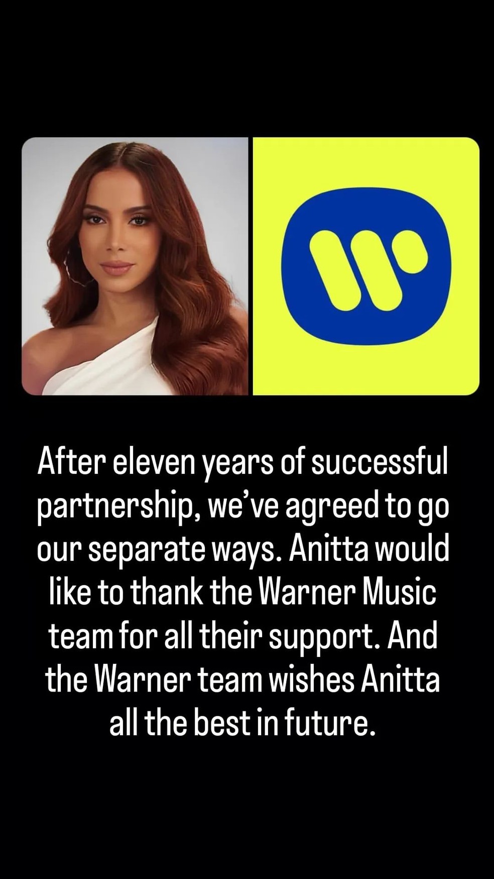 Anitta e Warner anunciam fim do contrato entre cantora e gravadora — Foto: Reprodução
