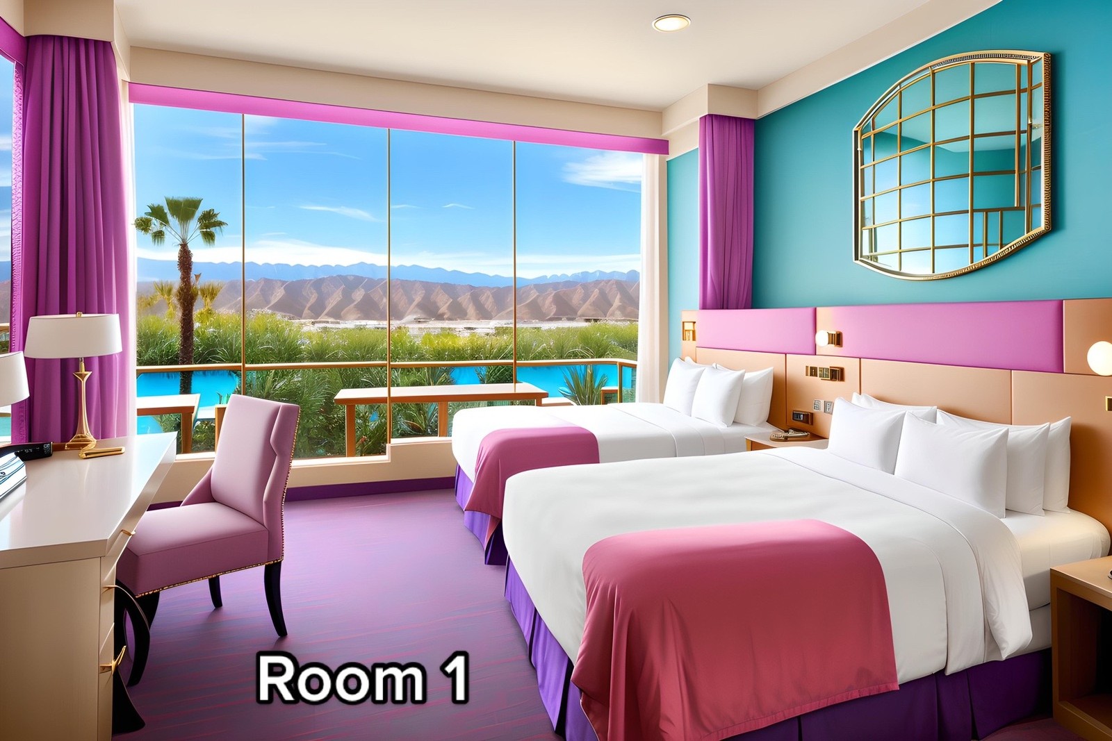 Quarto família com duas camas de casal e vista do resort inspirado em Hannah Montana — Foto: aipresence / TikTok / Reprodução