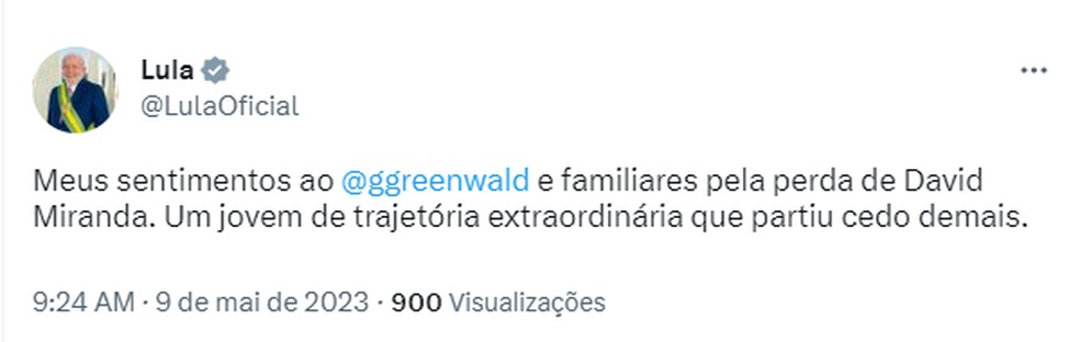 Lula lamenta morte de ex-deputado David Miranda &mdash; Foto: Reprodu&ccedil;&atilde;o/Twitter