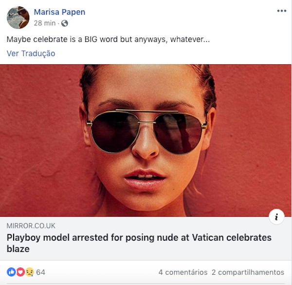 A modelo Marisa Papen fazendo piada com a comoção em torno do comentário dela sobre o incêndio na Catedral de Notre Dame (Foto: Facebook)