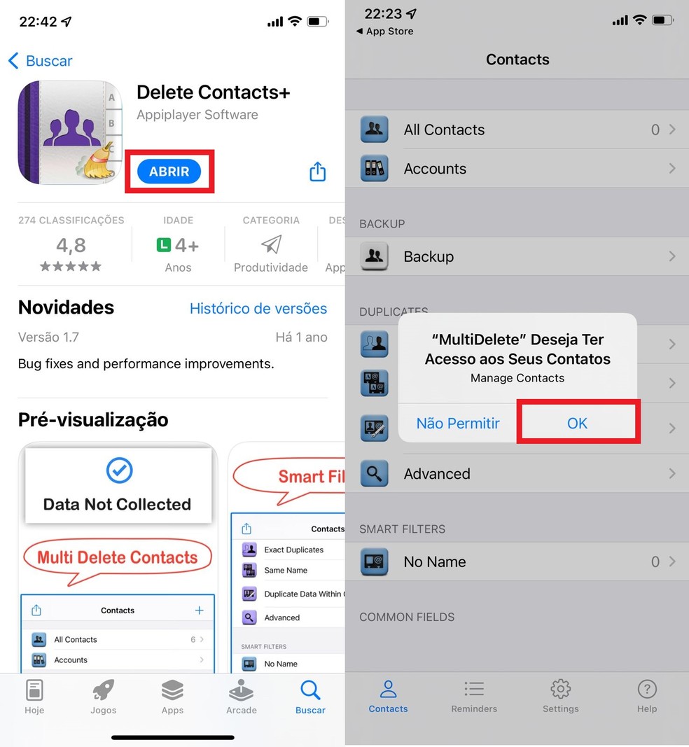 Baixe o app Delete Contacts+ e permita que ele acesse a lista de contatos salvos no iPhone (iOS) — Foto: Reprodução/Clara Fabro