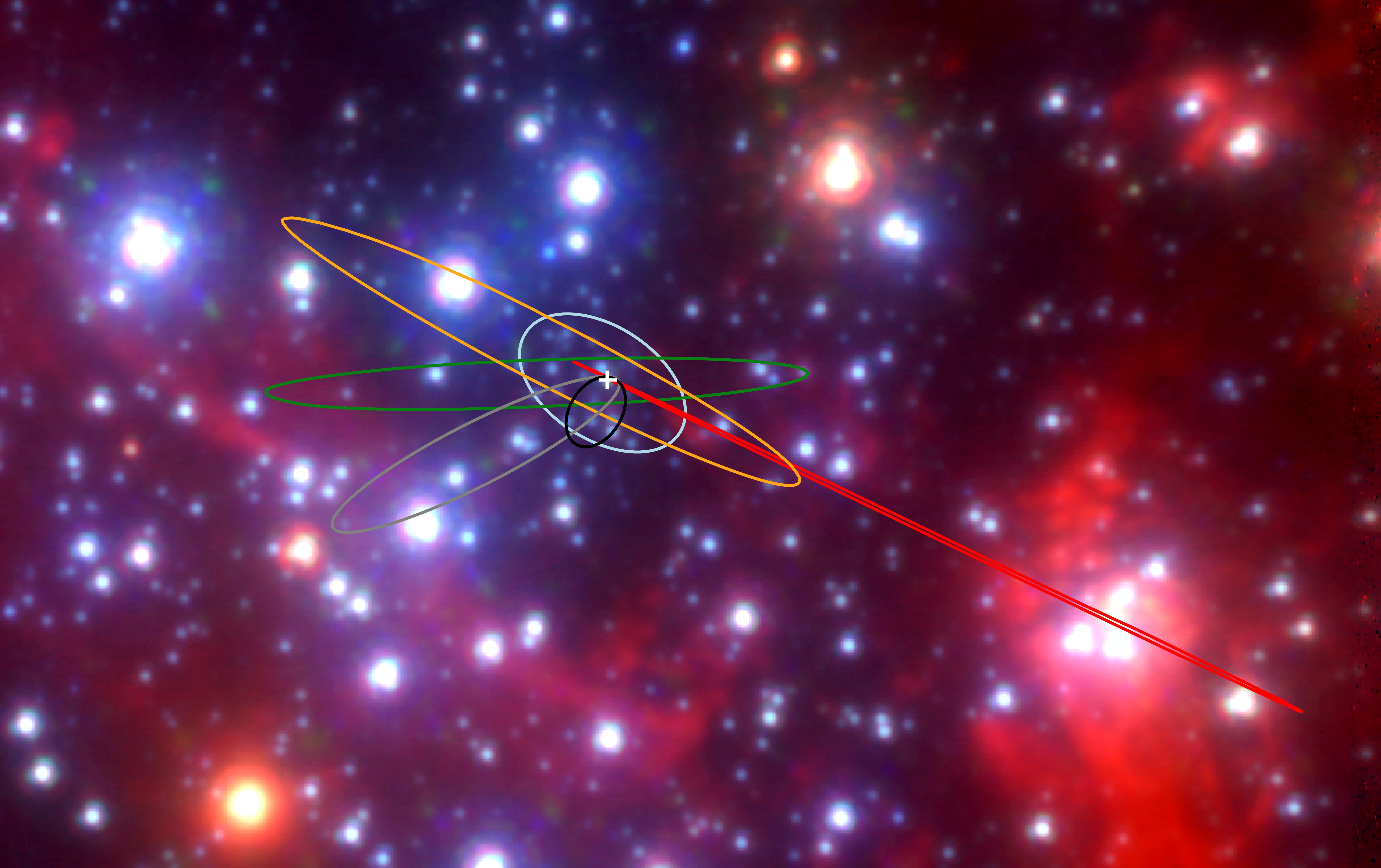 Órbitas dos objetos G no centro da nossa galáxia, com o buraco negro supermassivo indicado por uma cruz branca (Foto: Anna Ciurlo, Tuan Do/UCLA Galactic Center Group)