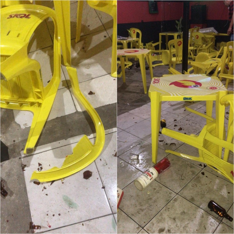 Cadeiras e mesas foram quebradas durante confusão em bar — Foto: Divulgação/Polícia Civil