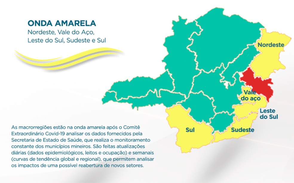 Mapa do Estado de MG demarcado com as regiões que estão na onda amarela do Minas Consciente — Foto: Divulgação-SES-MG