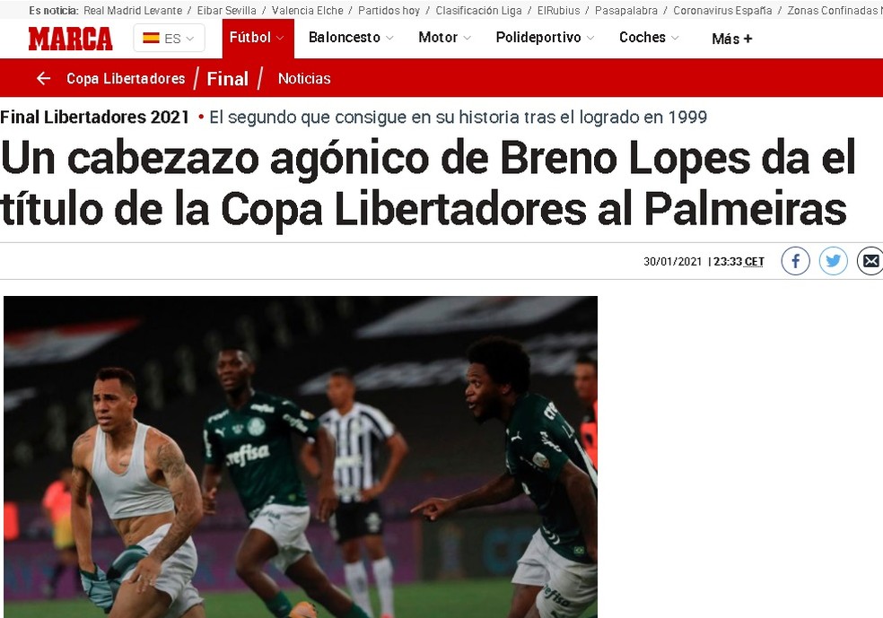 "Marca", da Espanha: "Um cabeceio agônico de Breno Lopes dá o título da Copa Libertadores ao Palmeiras" — Foto: Reprodução/Marca