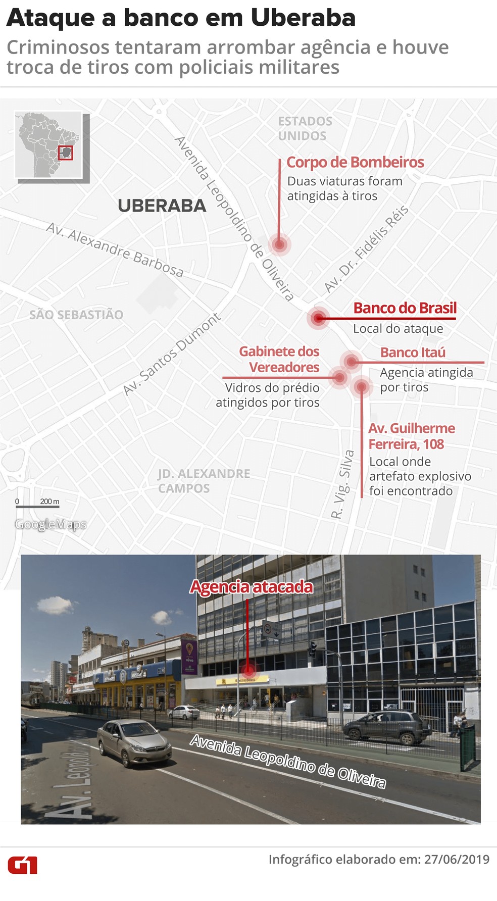Locais atingidos por tiros em Uberaba — Foto: Juliane Monteiro/G1