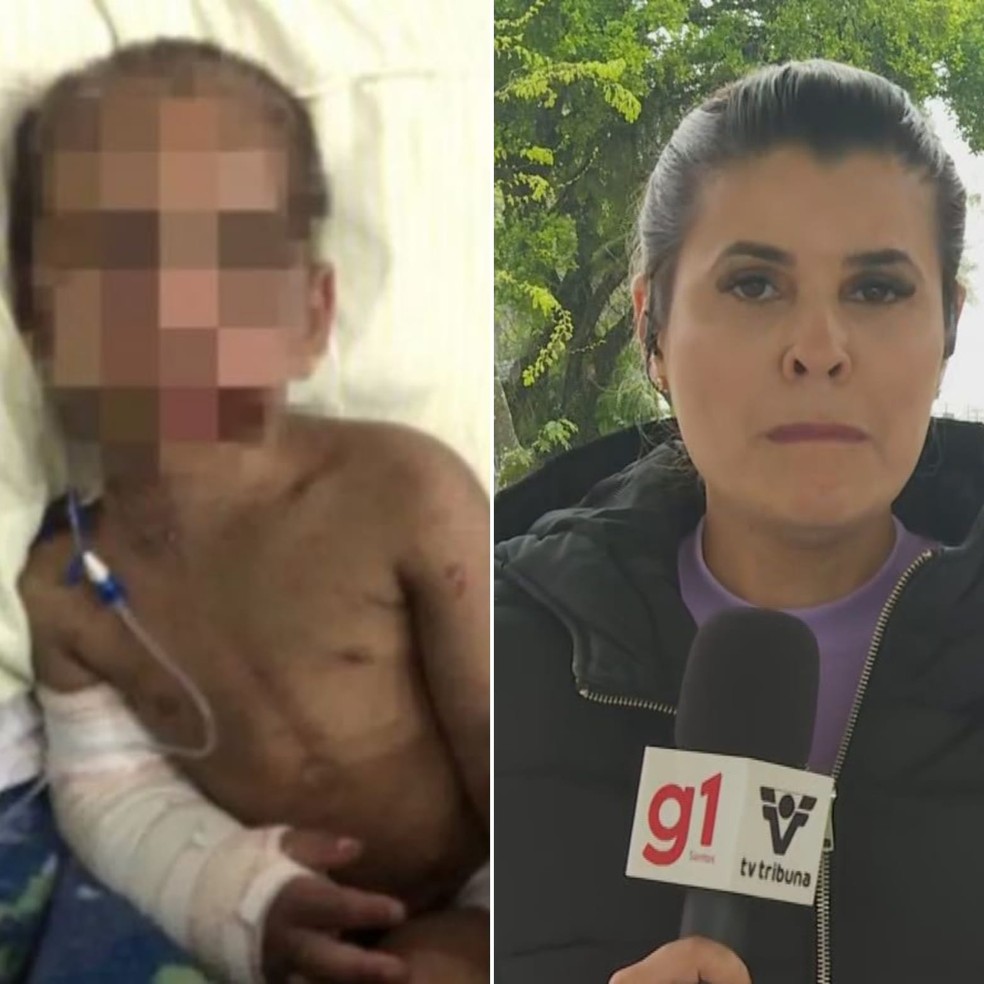 Repórter da TV Tribuna se emociona ao dar a notícia de menino agredido pela mãe no litoral de SP — Foto: Reprodução/TV Tribuna