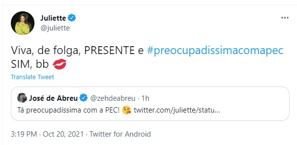 Juliette rebate comentrio de Jos de Abreu no Twitter (Foto: Reproduo/Twitter)