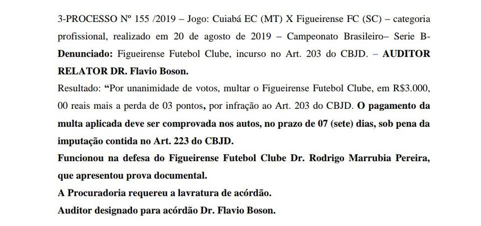 Veja a decisão do Figueirense sobre o W.O. — Foto: Reprodução/STJD
