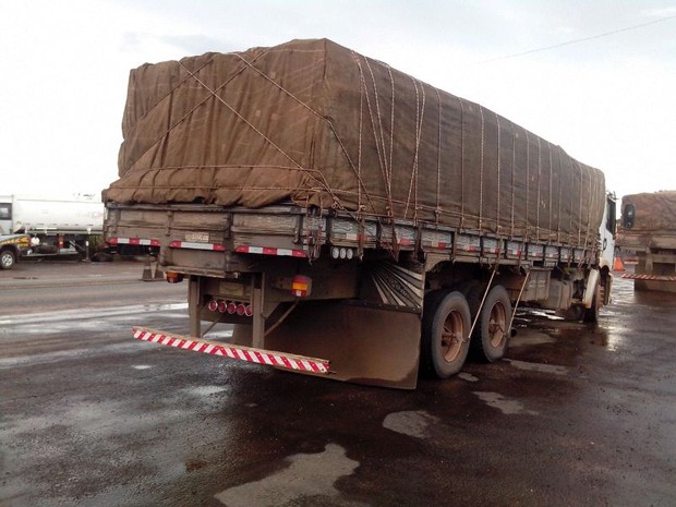 Caminhão estava com 3,2 metros cúbicos de madeira sem a Documentação de Origem Floresta, em Araguaína (Foto: Divulgação/PRF TO)