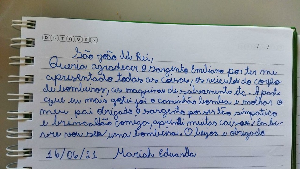 Carta escrita pela menina ao sargento — Foto: Corpo de Bombeiros/Divulgação