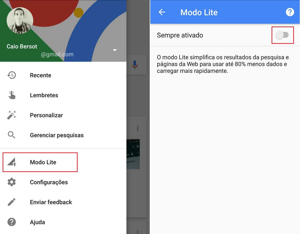 Arrastando a chave você ativa o Modo Lite no Google App — Foto: Reprodução/Caio Bersot