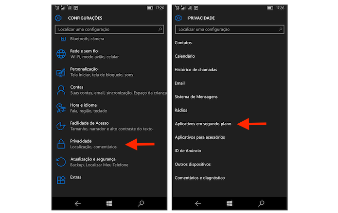 Acessando as opções para aplicativos em segundo plano no Windows 10 Mobile (Foto: Reprodução/Marvin Costa)