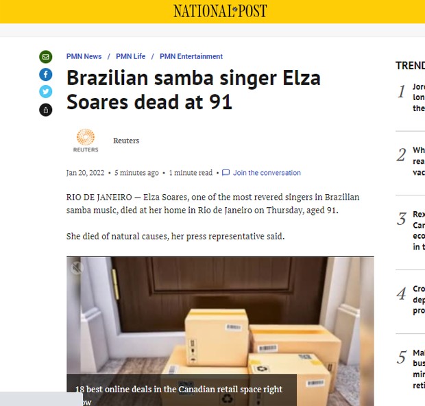 Morte de Elza Soares repercute no National Post (Foto: Reprodução)