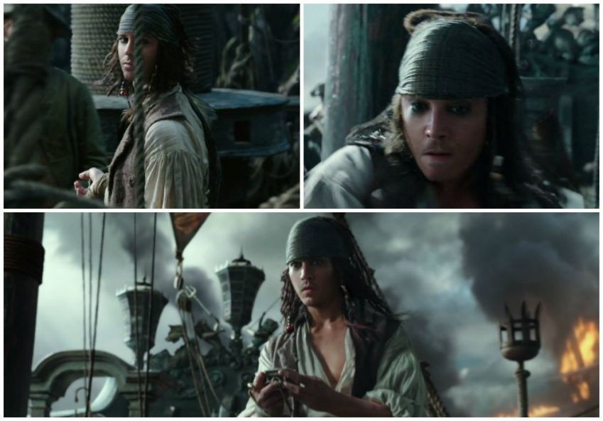 Montagem com os momentos em que aparece a versão com tratamento digital de Johnny Depp em 'Piratas 5' (Foto: Divulgação)