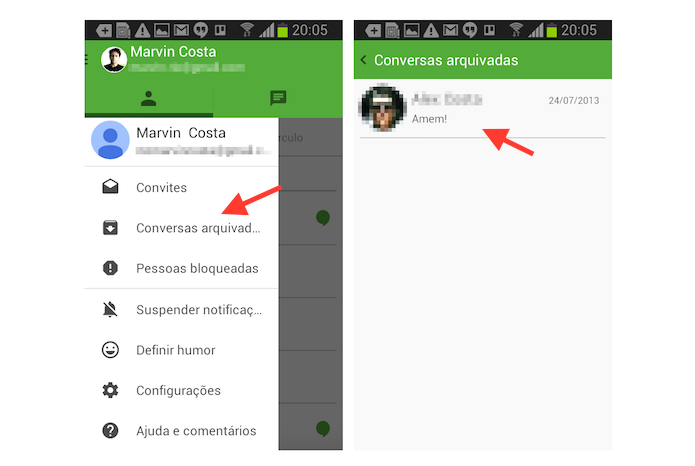 Acessando conversas arquivadas no Hangouts para Android (Foto: Reprodução/Marvin Costa)