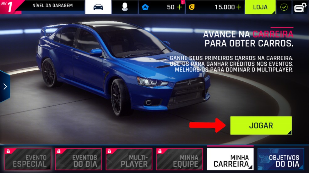 Clique em Jogar para inciar a carreira no game de corrida — Foto: Reprodução/Arte Nicollas Ribeiro