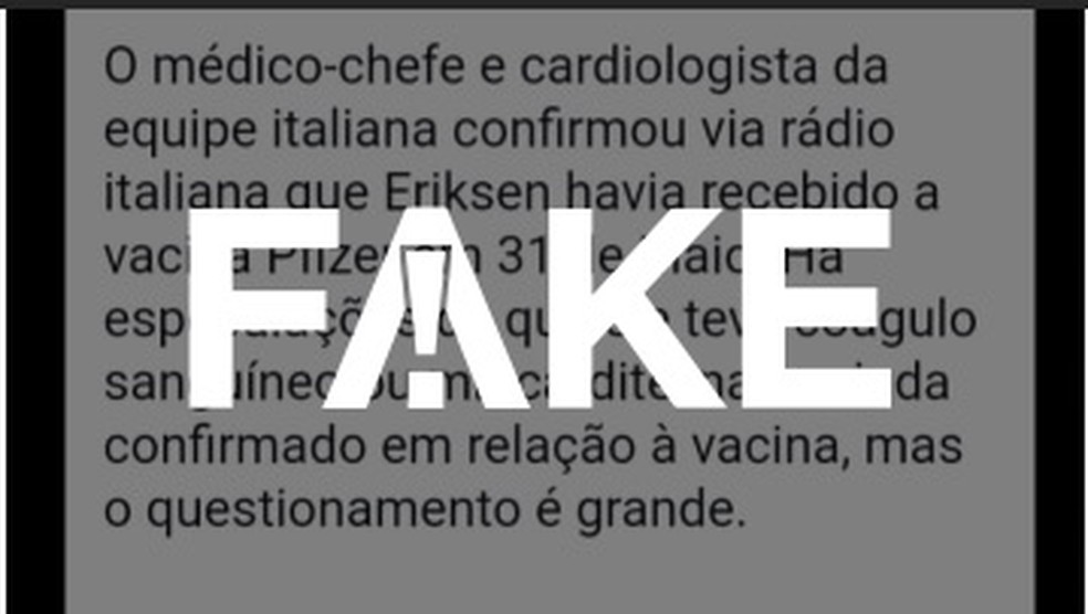 É #FAKE que Christian Eriksen tomou vacina da Pfizer semanas antes de mal súbito em jogo da Eurocopa — Foto: Reprodução