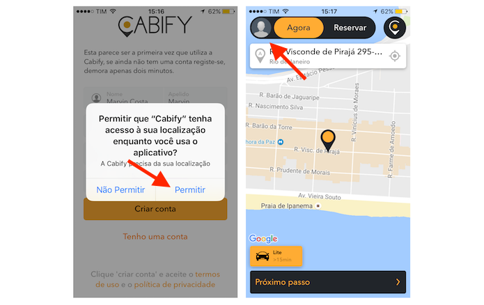 Acessando as opções do Cabify para iPhone (Foto: Reprodução/Marvin Costa)