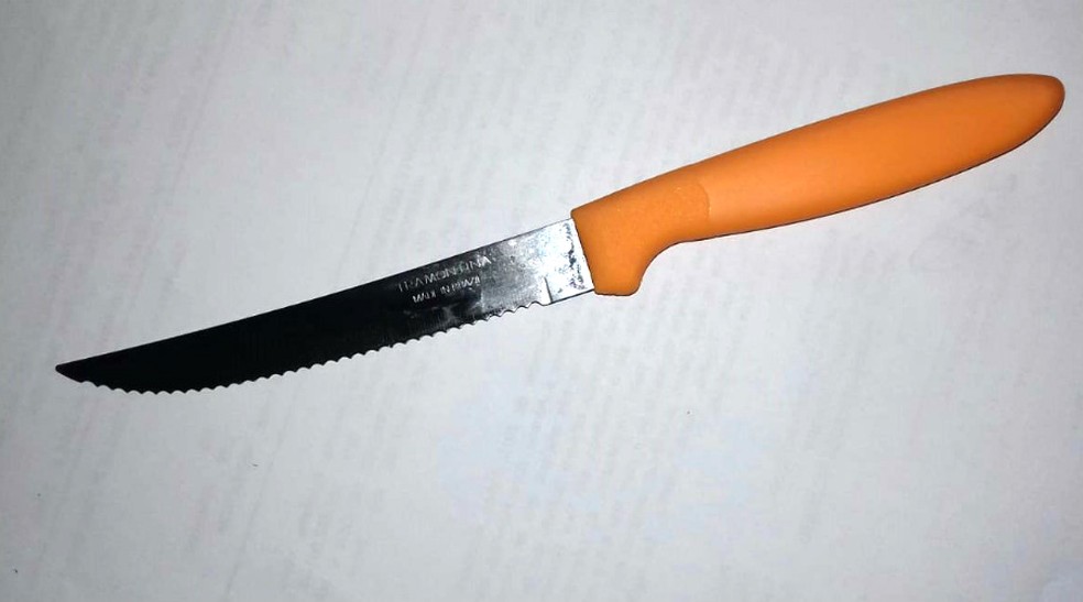 Faca de cozinha utilizada pela mÃ£e para atingir a filha apÃ³s a discussÃ£o, em Ivinhema (MS), na noite desta sexta-feira (10) â Foto: PM/DivulgaÃ§Ã£o