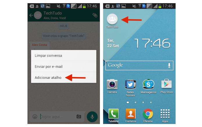 Criando um atalho para um grupo do WhatsApp na área de trabalho do Android (Foto: Reprodução/M