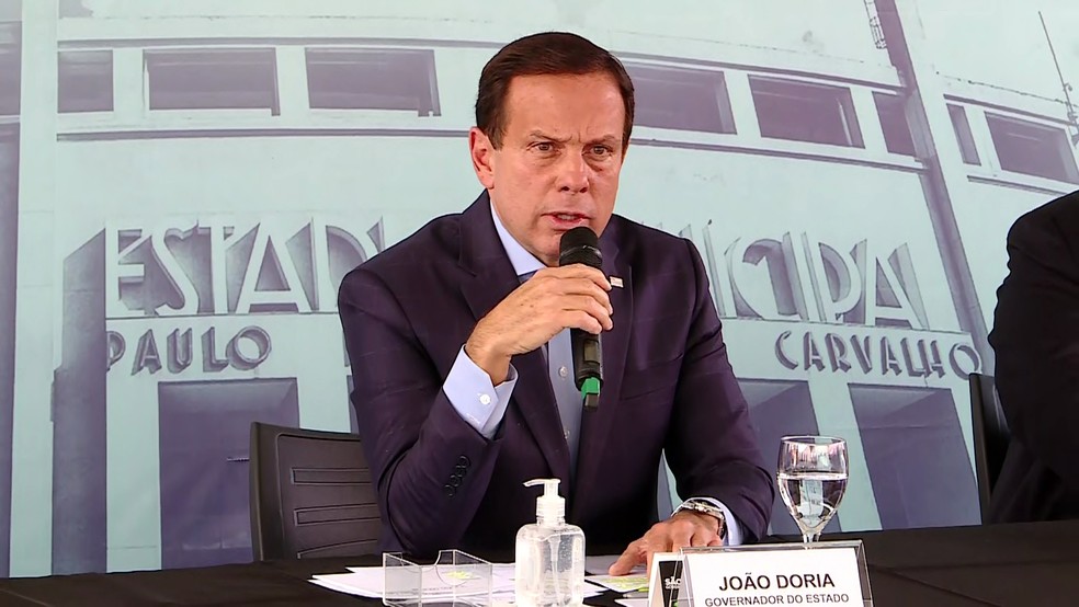 O governador de São Paulo, João Doria, durante coletiva de imprensa na Zona Oeste de São Paulo.  — Foto: Reprodução