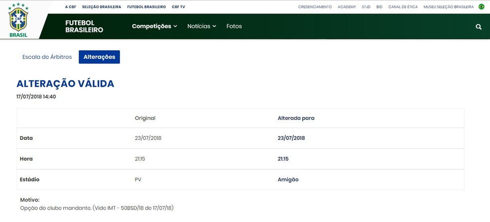 ConfirmaÃ§Ã£o da mudanÃ§a de local consta no site oficial da CBF (Foto: ReproduÃ§Ã£o / CBF)