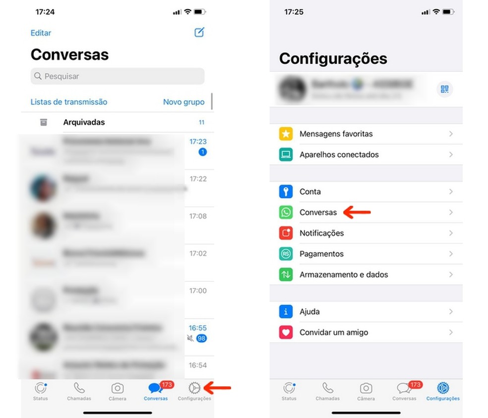 Caminho para as configurações de conversas do WhatsApp para iPhone  — Foto: Reprodução/Raquel Freire