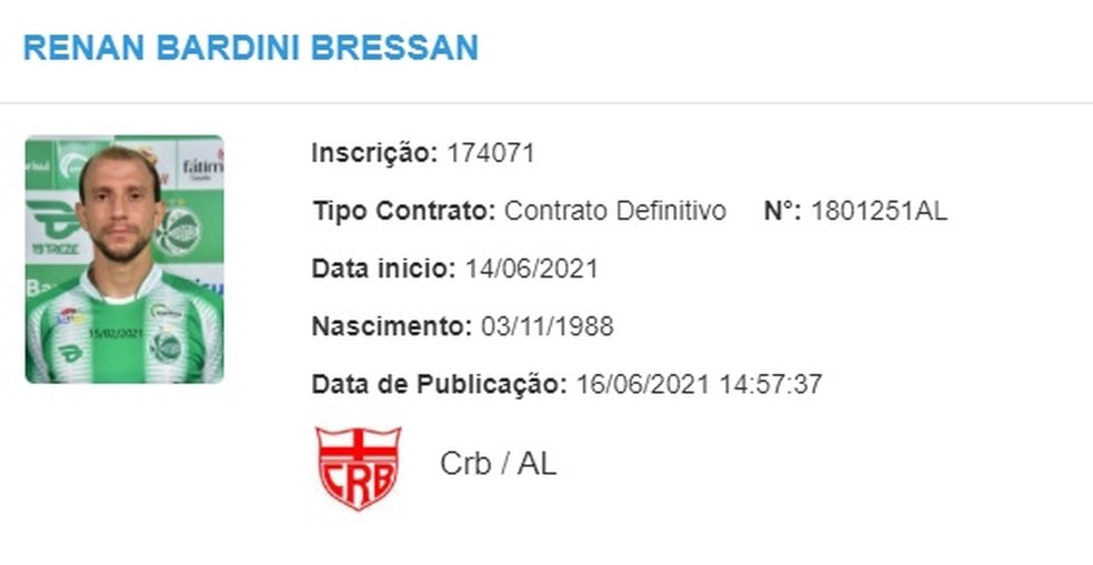 Renan Bressan é regularizado pelo CRB — Foto: Reprodução/CBF