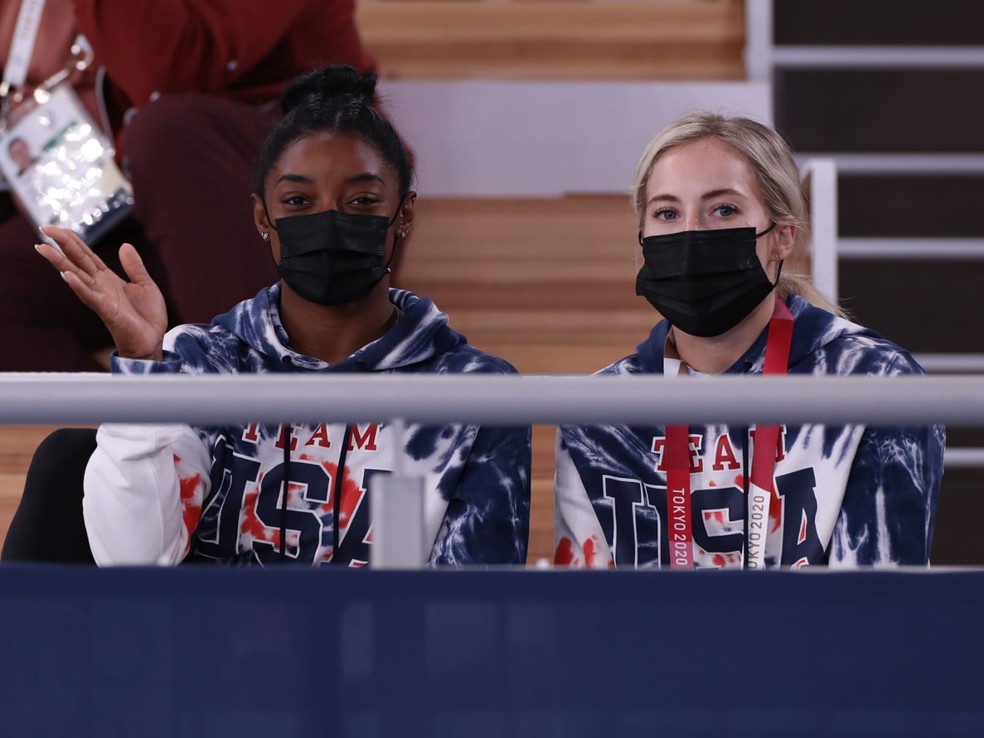 Simone Biles assiste à final masculina nas Olimpíadas — Foto: RICARDO BUFOLIN / PANAMERICA PRESS / CBG