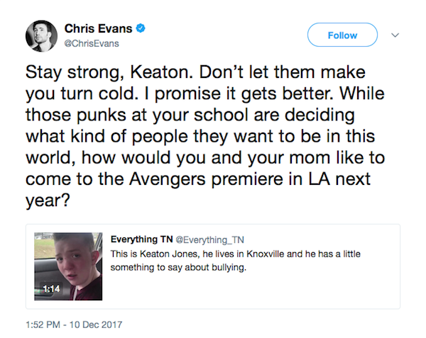 A mensagem compartilhada por Chris Evans convidado Keaton para o lançamento de Vingadores: Guerra Infinita (Foto: Twitter)