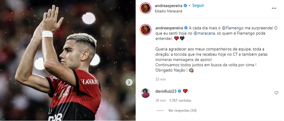 Andreas Pereira, do Flamengo, posta mensagem depois da vitória sobre o Ceará — Foto: Reprodução