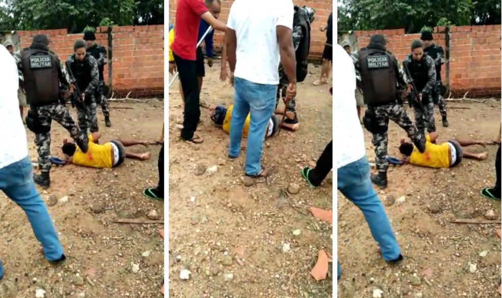 Polícia investiga PMs suspeitos de chutar e pisotear assaltante em Demerval Lobão, no Piauí — Foto: Reprodução