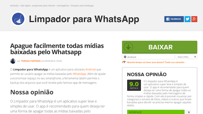 Página de download do Limpador de WhatsApp no TechTudo (Foto: Reprodução/Marvin Costa)