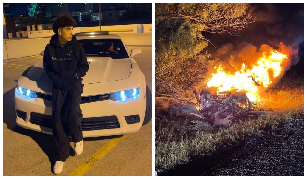 A última foto compartilhada pelo influencer Gabriel Salazar e a foto divulgada pela polícia com o carro do rapaz pegando fogo após explodir (Foto: Instagram/Divulgação)