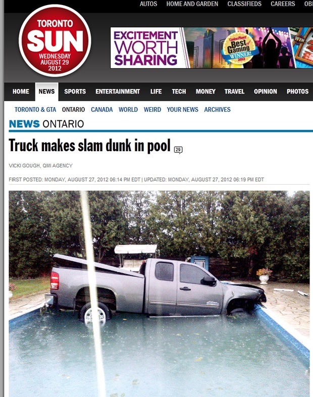 motorista de 51 anos parou sua picape dentro de uma piscina no Canadá. (Foto: Reprodução)