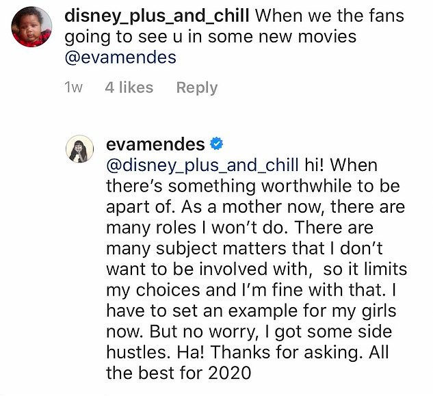 A resposta da atriz Eva Mendes ao fã que perguntou sobre seu retorno ao cinema (Foto: Instagram)