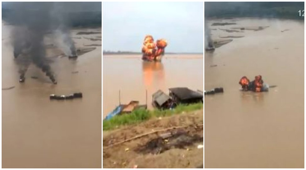 PF e fiscais do Ibama destroem dragas de garimpo ilegal no rio Madeira em Rondônia; veja vídeo — Foto: Reprodução