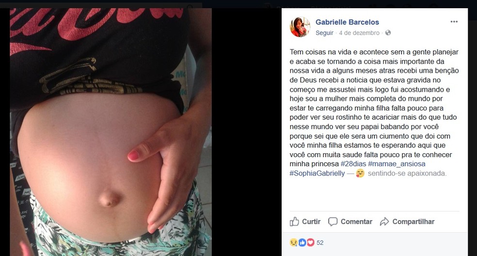 Gabrielle Barcelos relatou no Facebook sobre ansiedade de conhecer primeira filha (Foto: Reprodução/ Facebook)