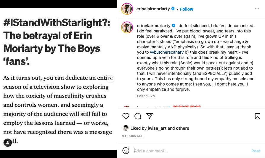O post da atriz Erin Moriarty lamentando os ataques que sofre dos fãs de The Boys (Foto: Instagram)