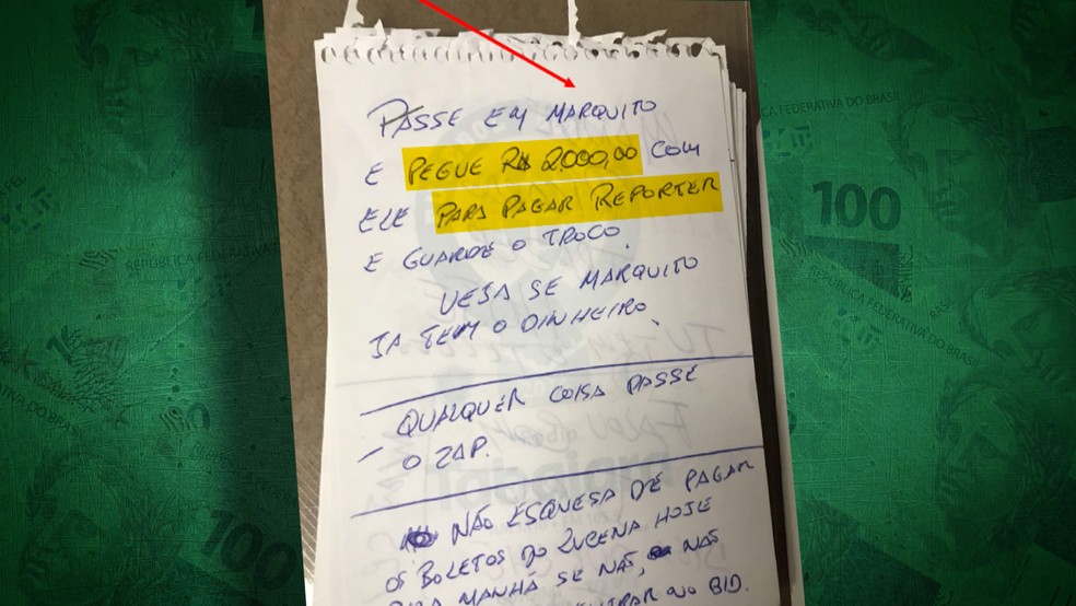 Bilhete apreendido pela Polícia mostra anotação do presidente da Federação Paraibana pedindo pagamento de suborno a jornalista — Foto: Reprodução