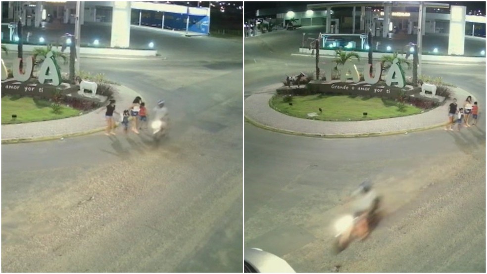 Motociclista desvia de família que cruzava rua, perde controle e colide de frente com carro em Tauá, no Ceará — Foto: Reprodução