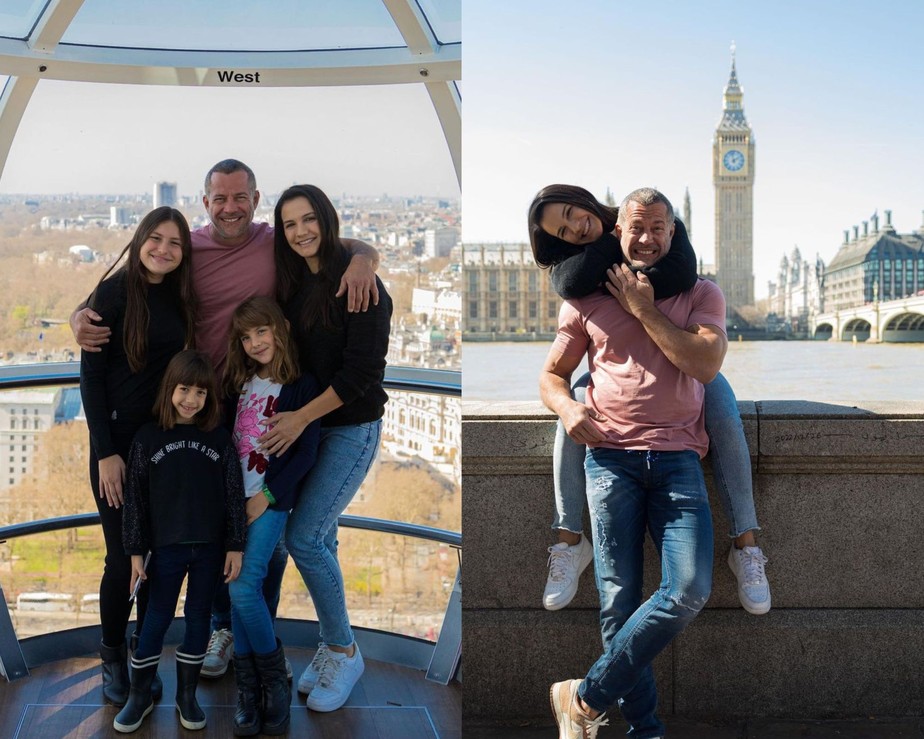 Malvino Salvador em Londres com a esposa Kyra Gracie e as filhas